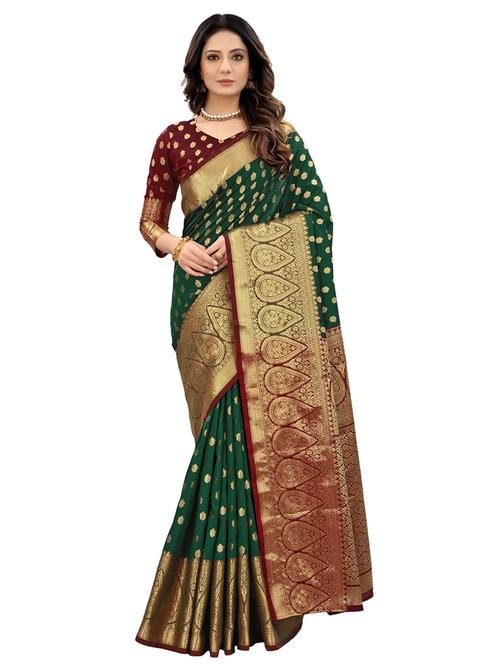 dark green silk blend kanjivaram saree with blouse - 20206846 - Standard Image - 0