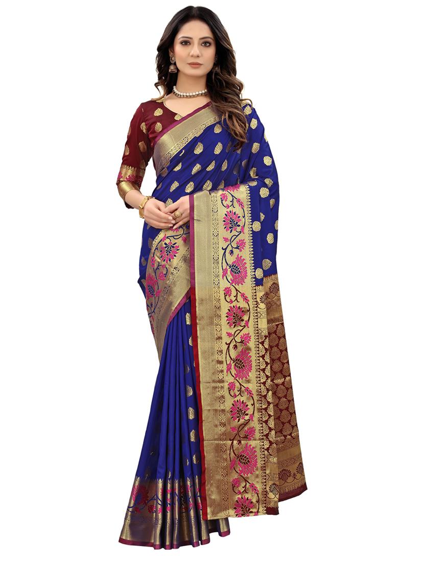 dark blue silk blend kanjivaram saree - 20206899 - Zoom Image - 0
