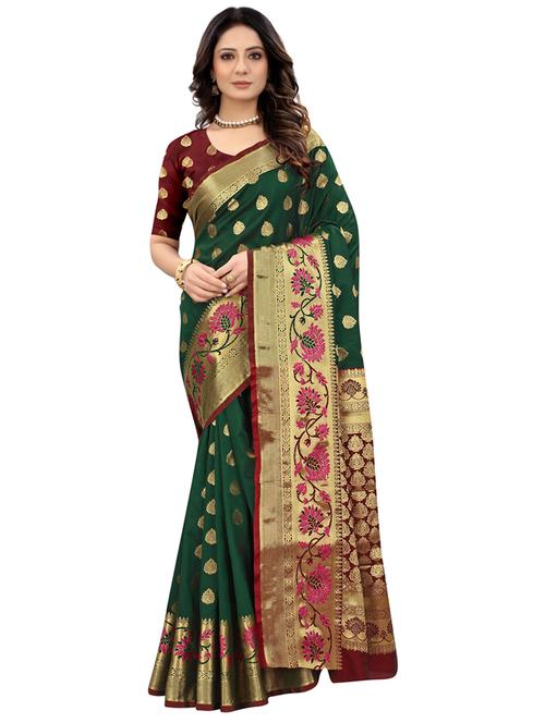 dark green silk blend kanjivaram saree with blouse - 20206906 - Standard Image - 0