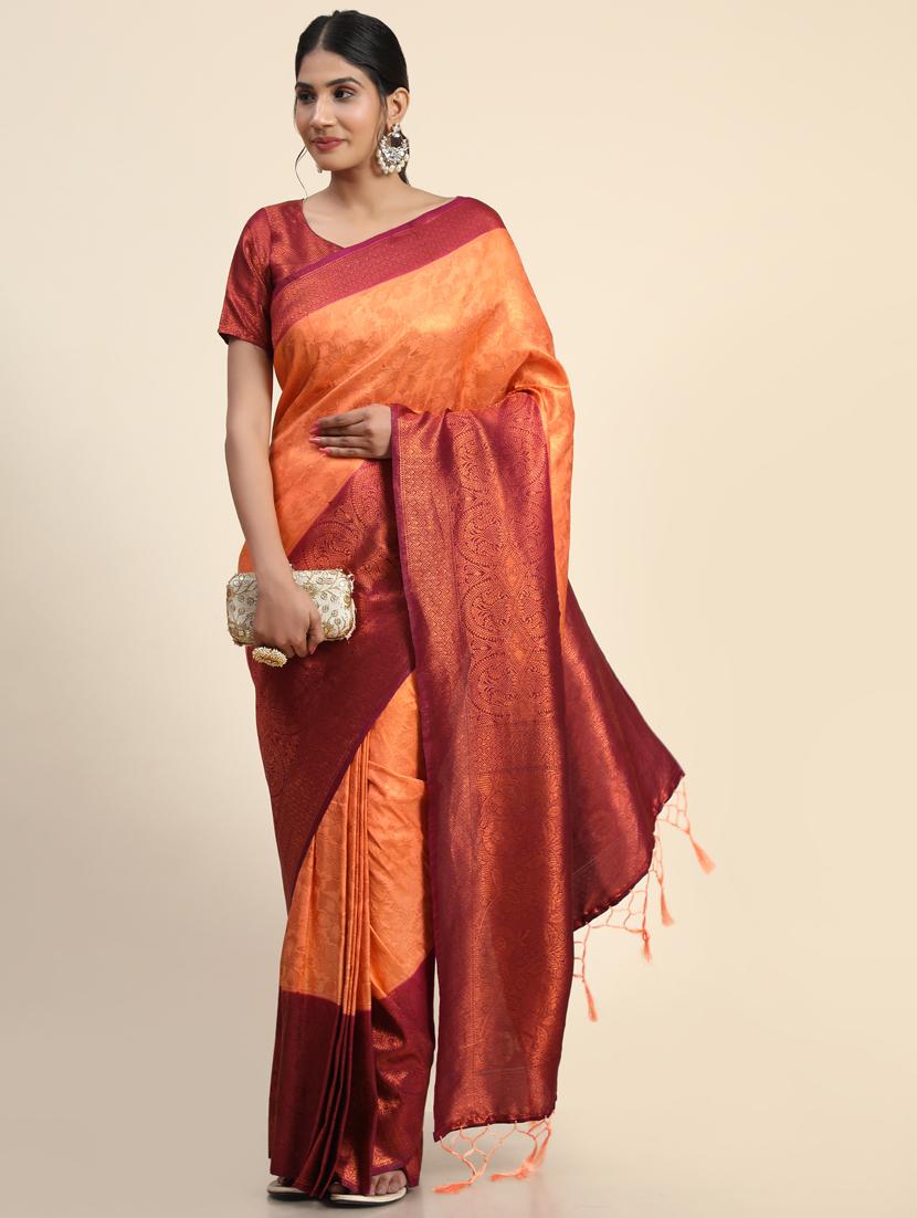 orange silk banarasi saree with blouse - 20206953 - Zoom Image - 0