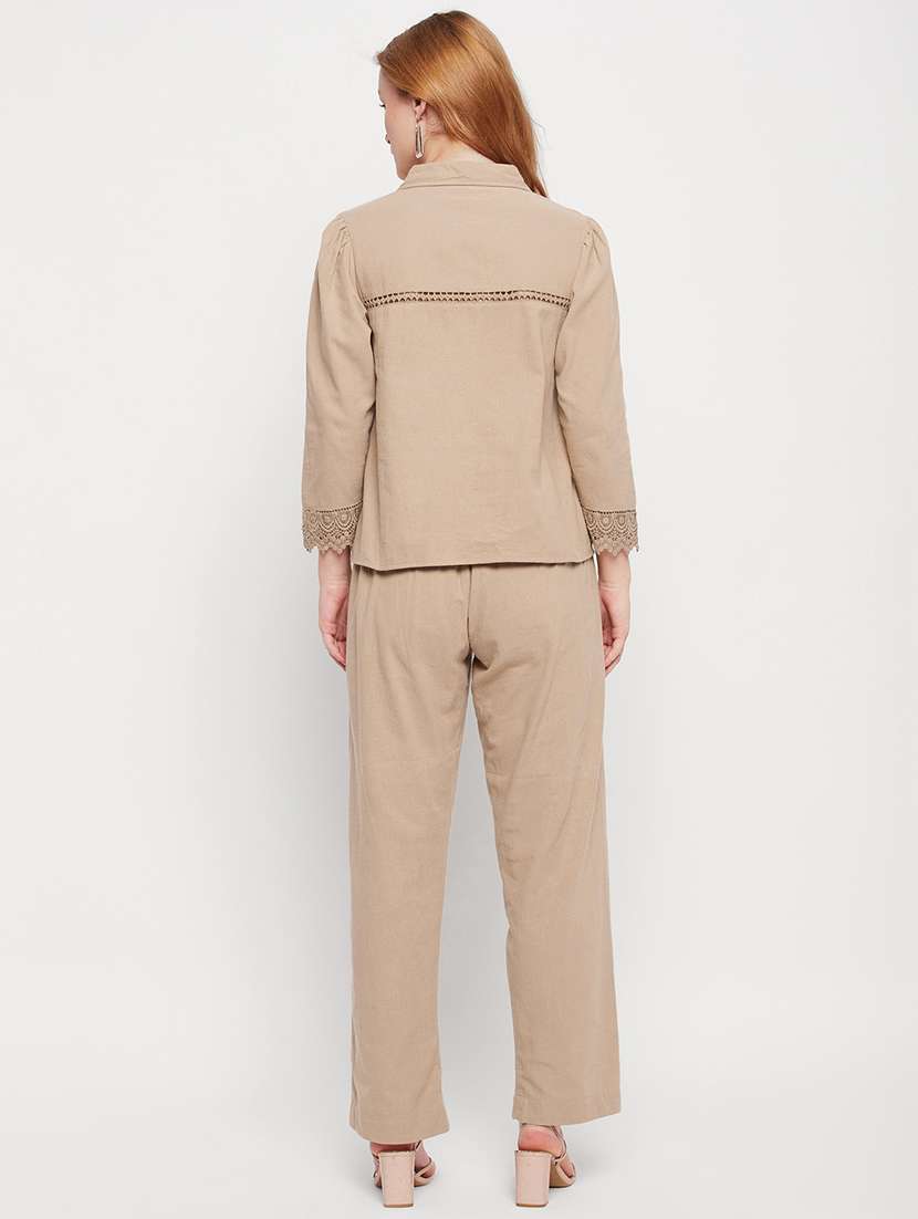 beige solid top and trouser co-ord set - 20207353 -  Standard Image - 3