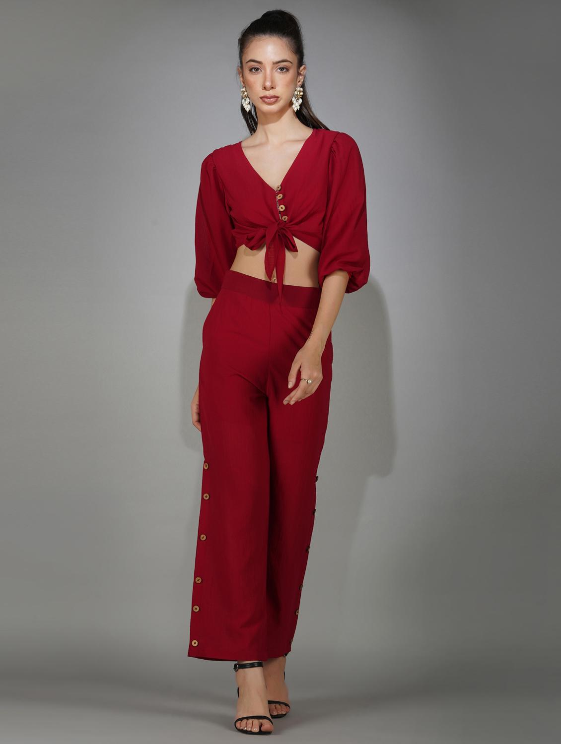 red solid top and trouser co-ord set - 20207355 - Zoom Image - 0