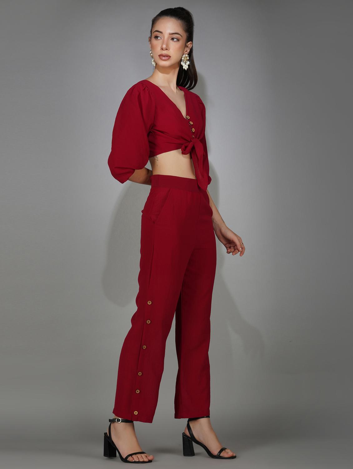 red solid top and trouser co-ord set - 20207355 - Standard Image - 3