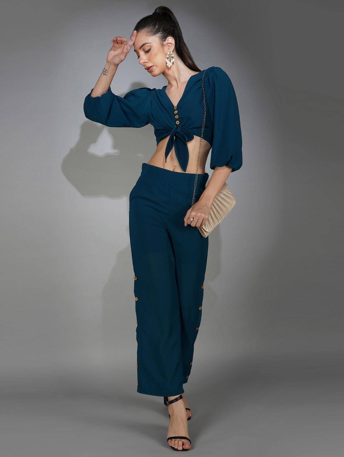 blue solid top and trouser co-ord set - 20207356 - Standard Image - 3