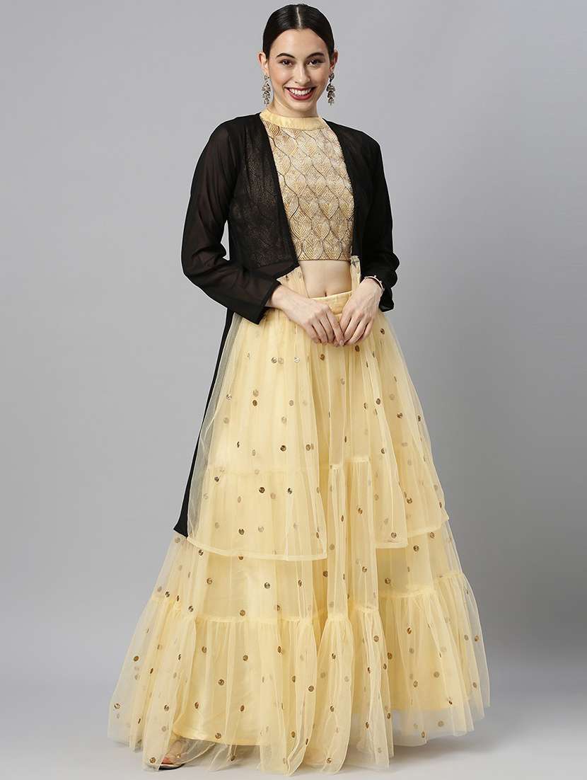Buy online Self Design Flared Lehenga Choli Set With Jacket from