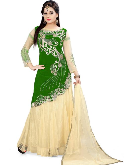 beige & green self design semi-stitched lehenga - 20208978 - Standard Image - 0