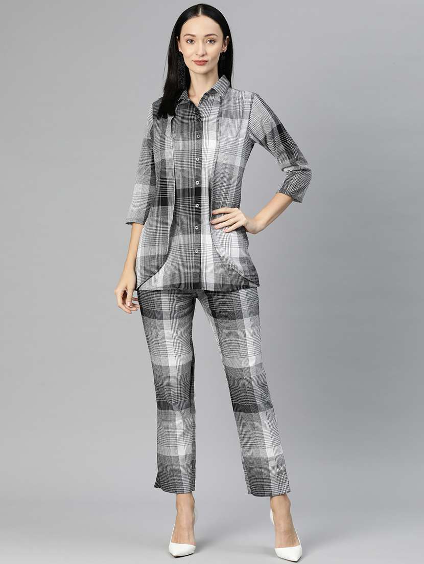 grey shirt collar checkered top and trouser co-ord set 