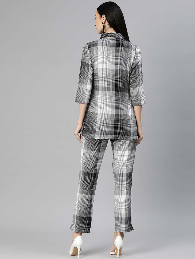 grey shirt collar checkered top and trouser co-ord set  - 20209245 -  Standard Image - 3