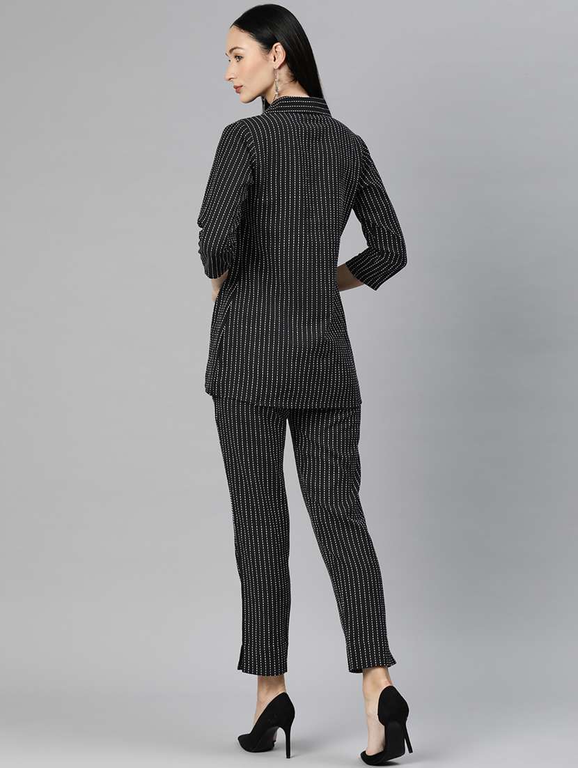 black shirt collar striped top and trouser co-ord set  - 20209246 -  Standard Image - 3