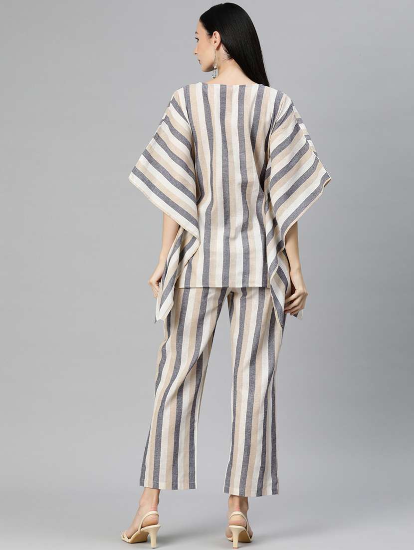 Multi Colored V-neck Striped Kaftan Top And Trouser Co-ord Set - 20209249 -  Standard Image - 3