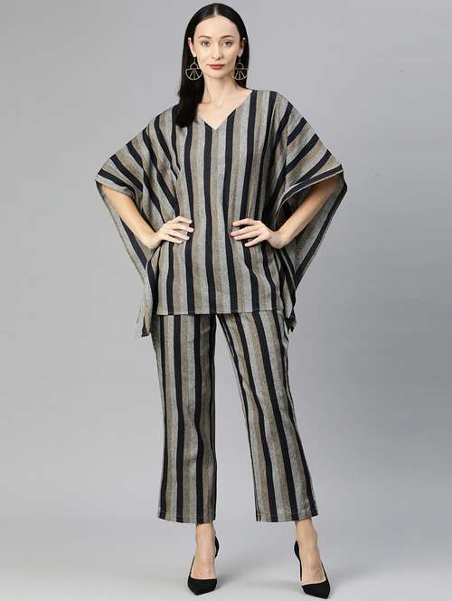 grey v neck striped kaftan top and trouser co-ord set  - 20209250 -  Standard Image - 0