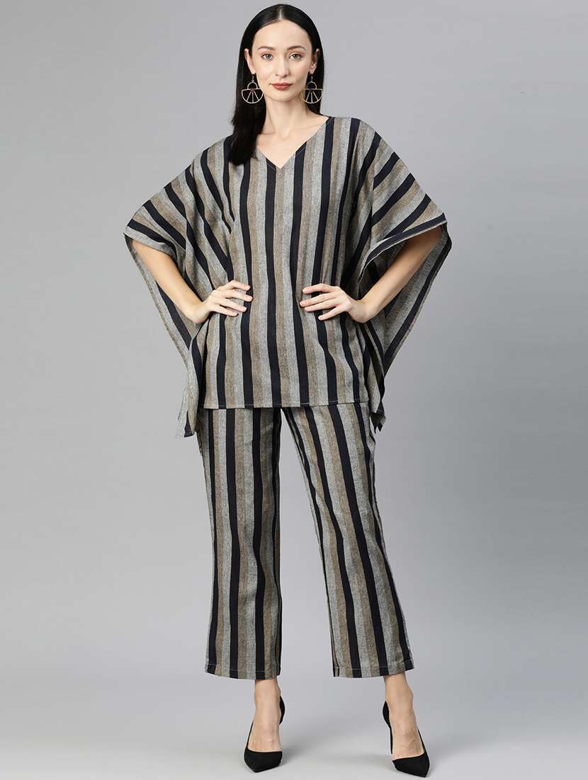 grey v neck striped kaftan top and trouser co-ord set 