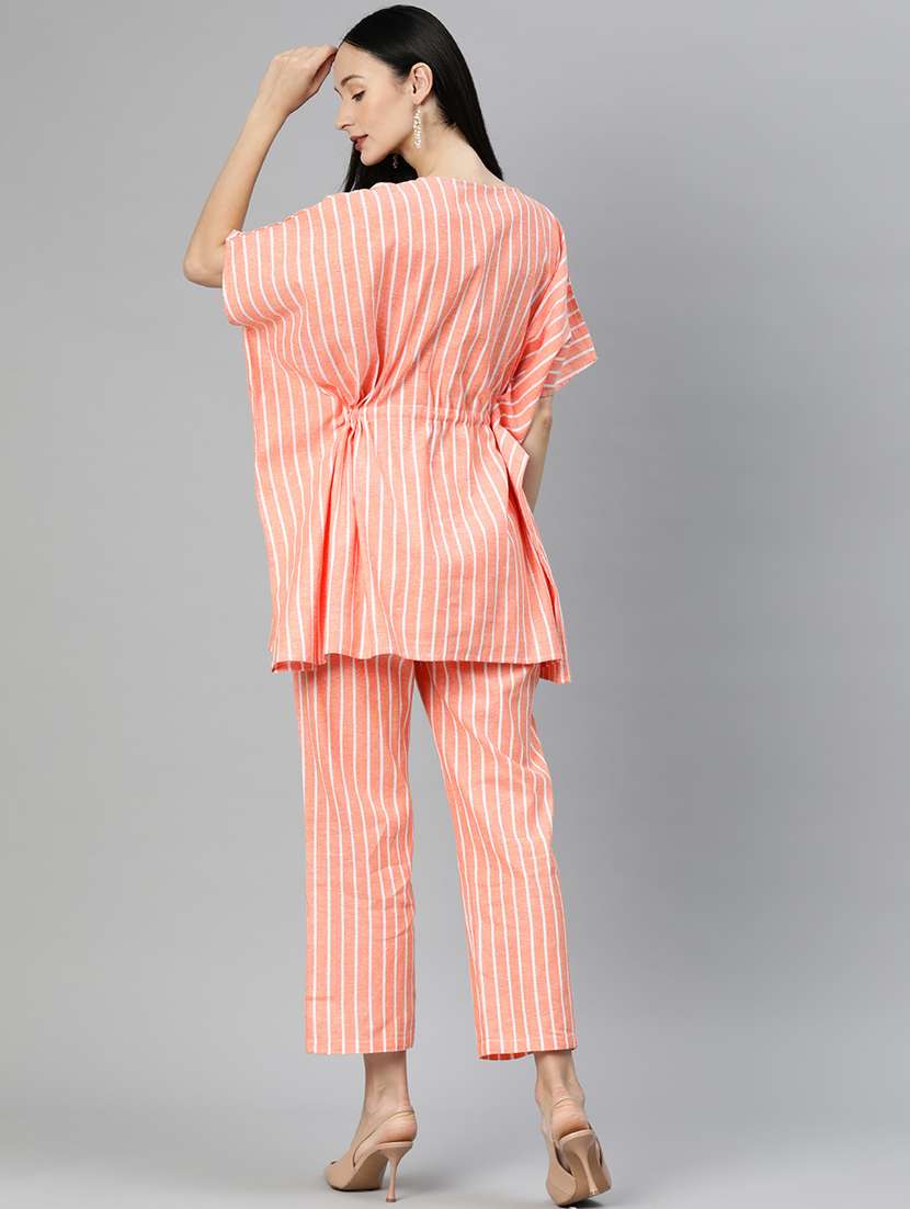 peach v neck striped kaftan top and trouser co-ord set  - 20209251 -  Standard Image - 3