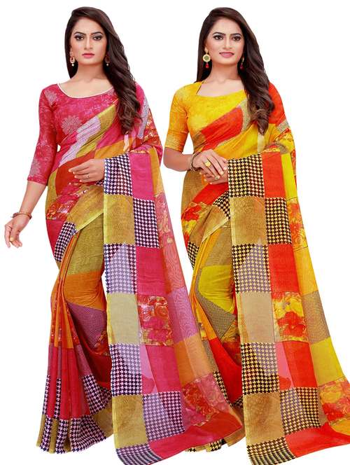 pack of 2 printed sarees with blouse - 20209403 - Standard Image - 0