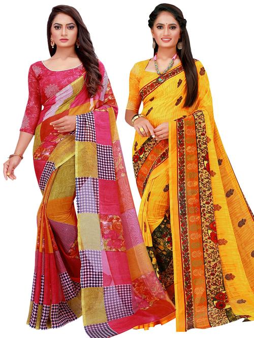 pack of 2 printed sarees with blouse - 20209404 -  Standard Image - 0
