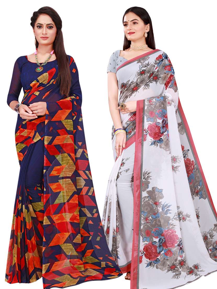 pack of 2 printed sarees with blouse - 20209431 -  Zoom Image - 0
