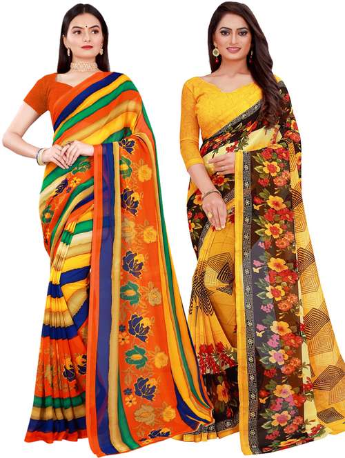 pack of 2 printed sarees with blouse - 20209447 - Standard Image - 0