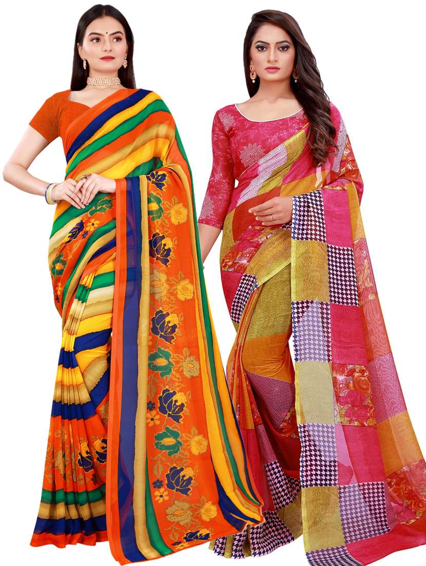 pack of 2 printed sarees with blouse - 20209448 -  Zoom Image - 0