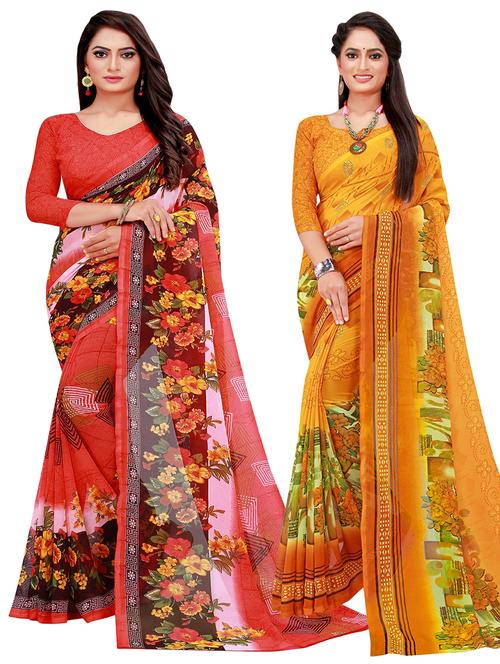 pack of 2 printed sarees with blouse - 20209517 - Standard Image - 0