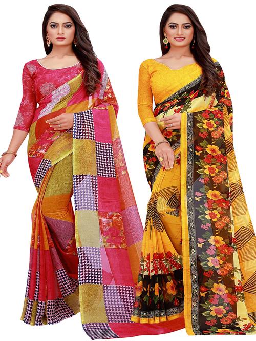 pack of 2 printed sarees with blouse - 20209536 - Standard Image - 0