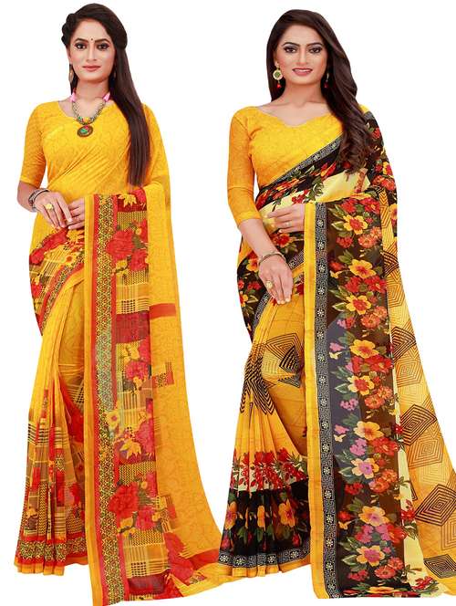 pack of 2 printed sarees with blouse - 20209538 - Standard Image - 0