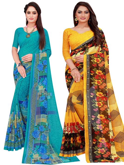 pack of 2 printed sarees with blouse - 20209539 - Standard Image - 0