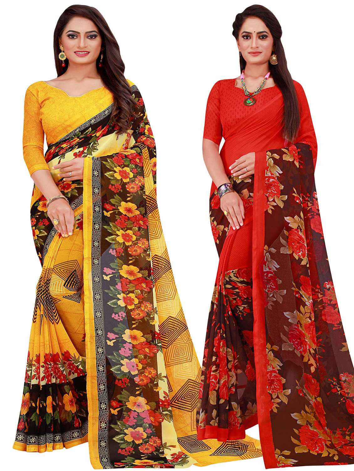 pack of 2 printed sarees with blouse - 20209540 -  Zoom Image - 0