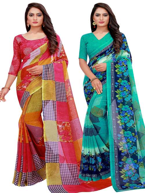 pack of 2 printed sarees with blouse - 20209568 -  Standard Image - 0