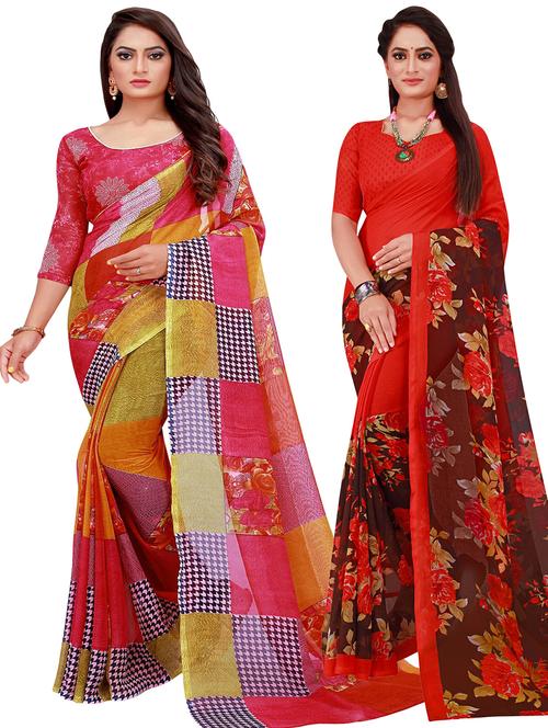 pack of 2 printed sarees with blouse - 20209573 -  Standard Image - 0