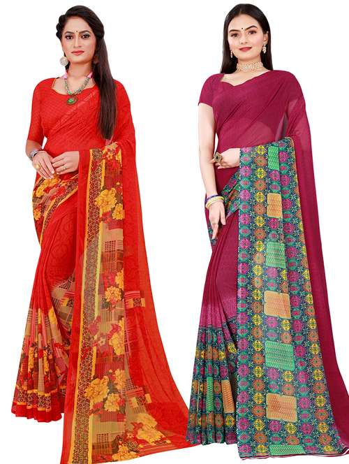 pack of 2 printed sarees with blouse - 20209580 - Standard Image - 0