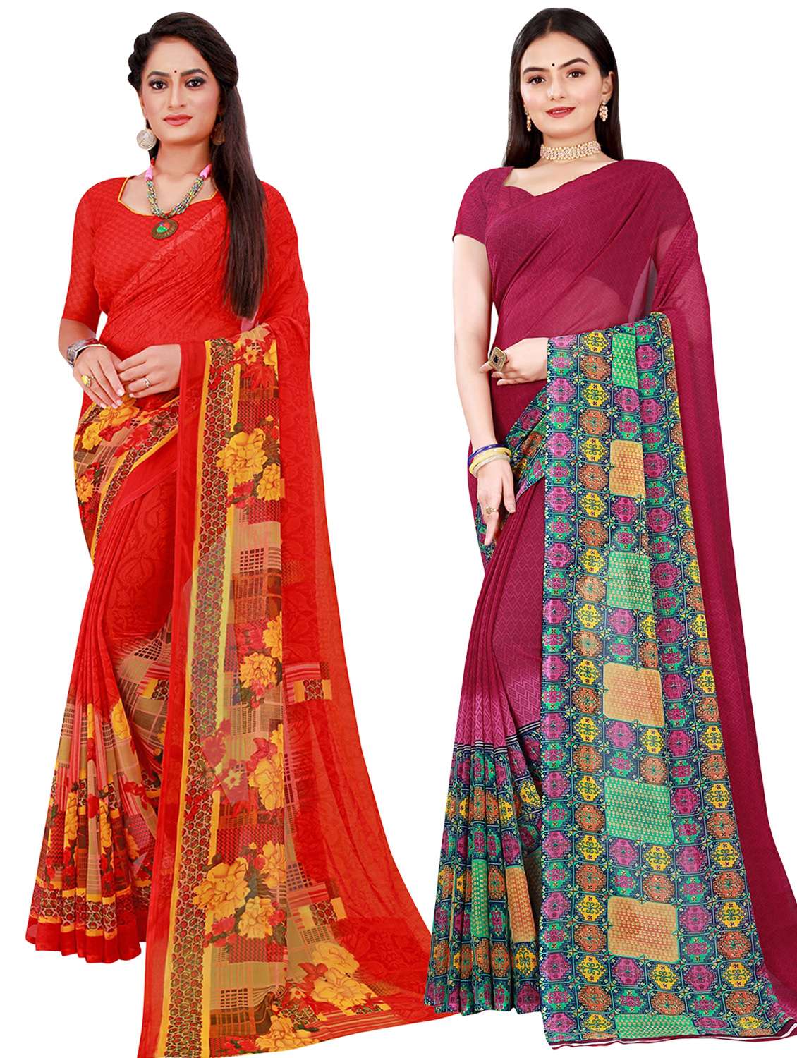 pack of 2 printed sarees with blouse - 20209580 - Zoom Image - 0
