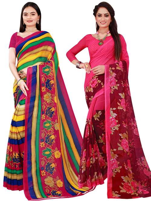 pack of 2 printed sarees with blouse - 20209581 - Standard Image - 0