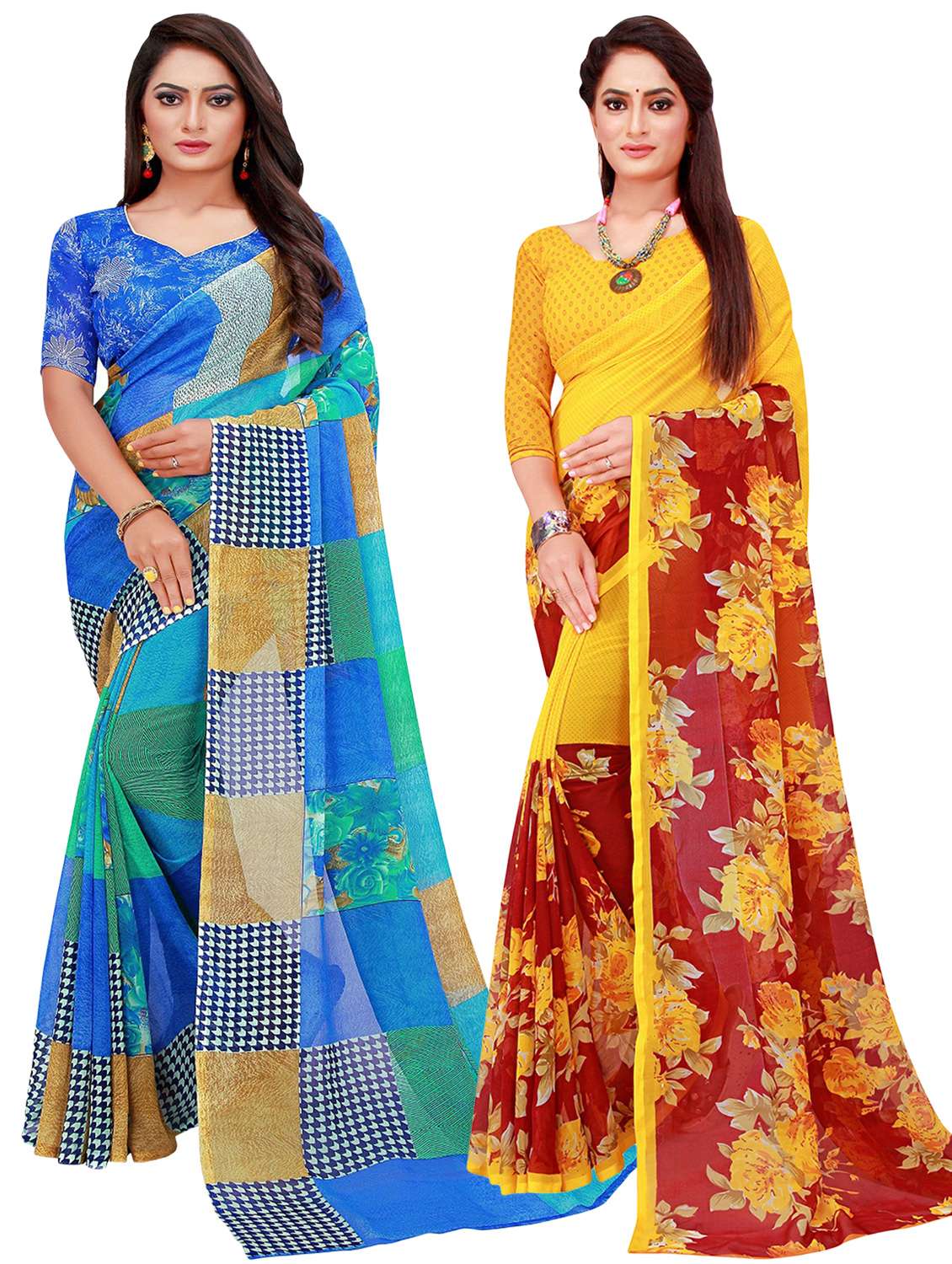 pack of 2 printed sarees with blouse - 20209582 - Zoom Image - 0