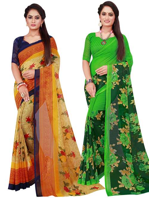 pack of 2 printed sarees with blouse - 20209606 - Standard Image - 0