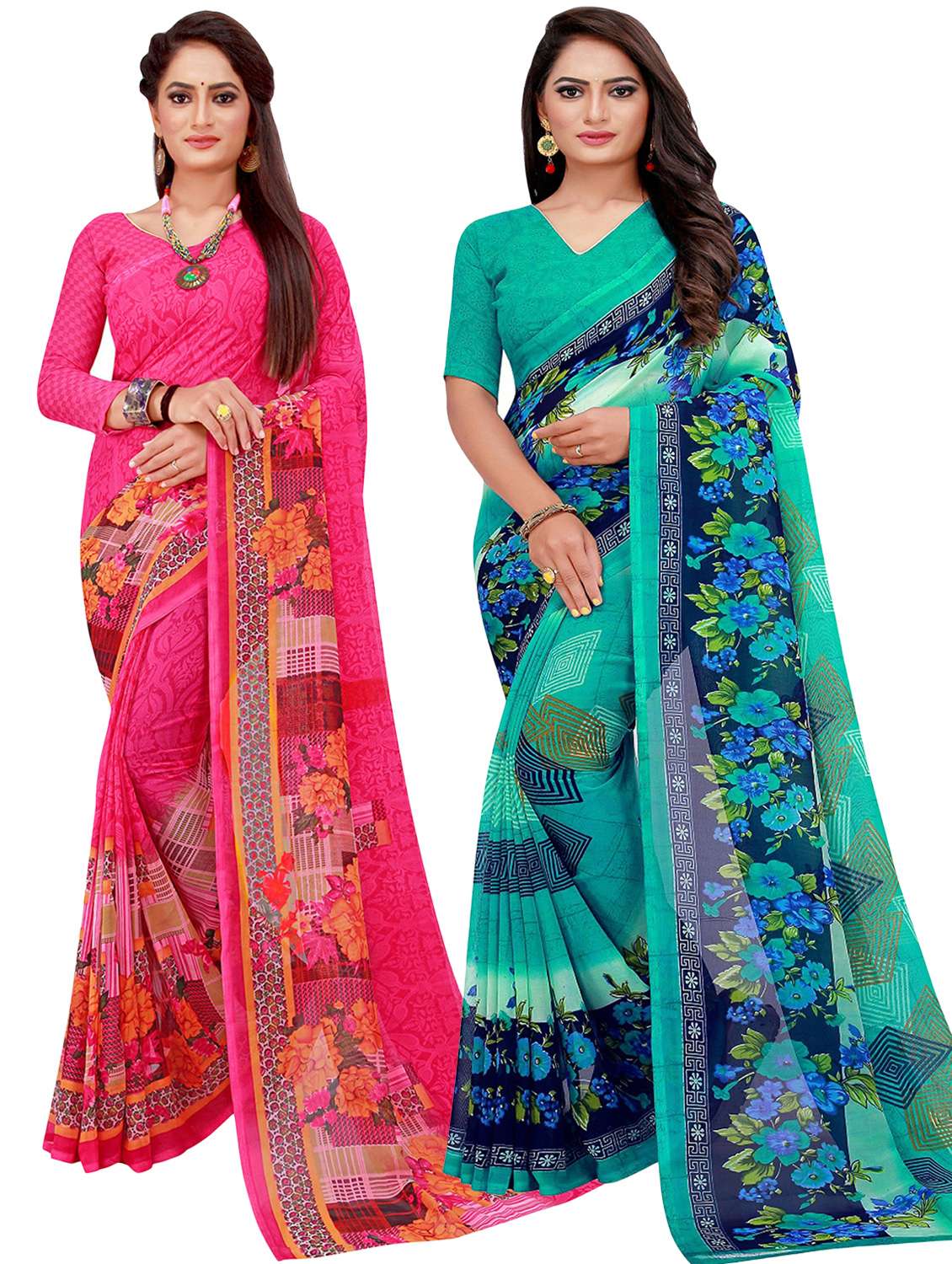 pack of 2 printed sarees with blouse - 20209734 -  Zoom Image - 0