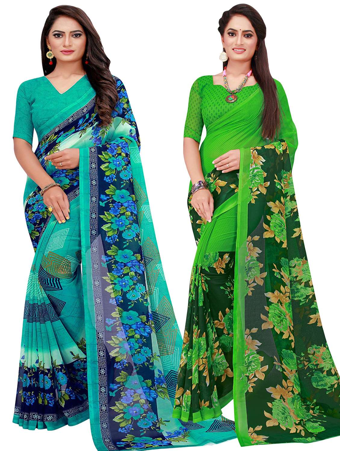 pack of 2 printed sarees with blouse - 20209739 -  Zoom Image - 0