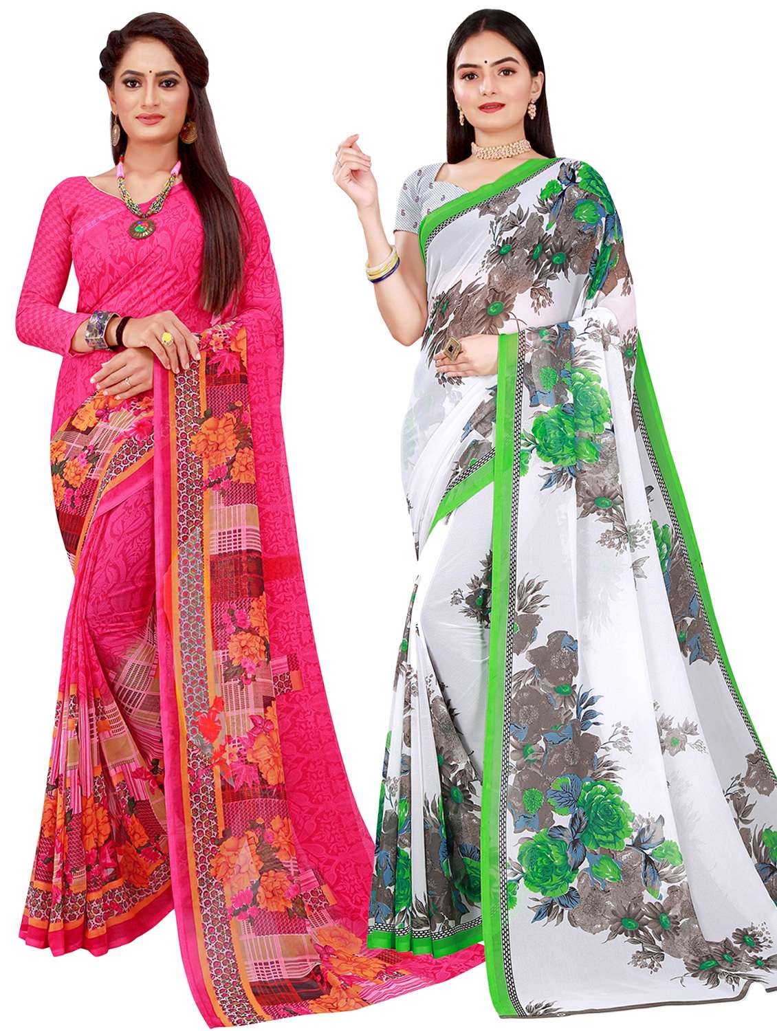 pack of 2 printed sarees with blouse - 20209760 -  Zoom Image - 0