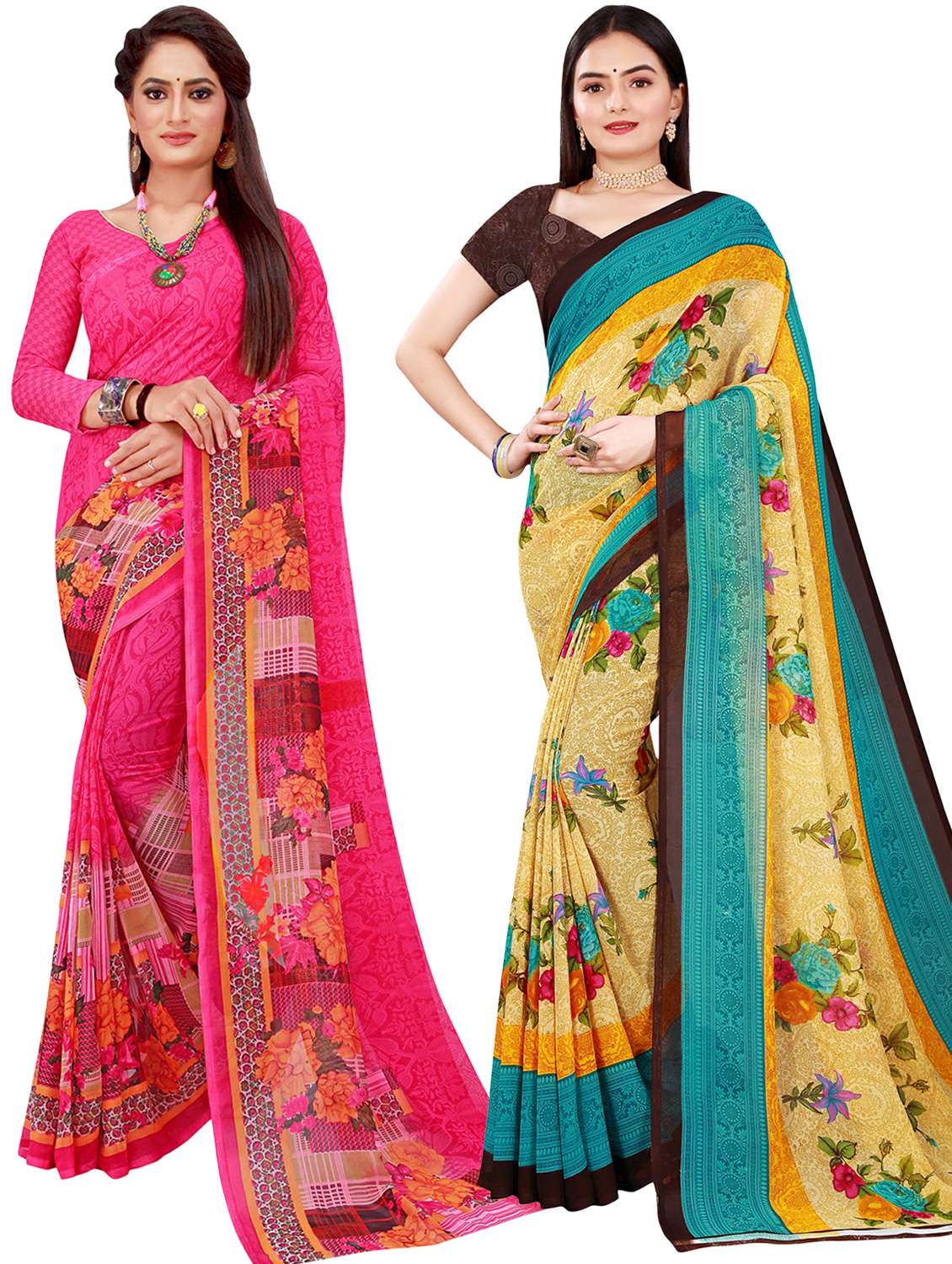 pack of 2 printed sarees with blouse - 20209762 - Zoom Image - 0