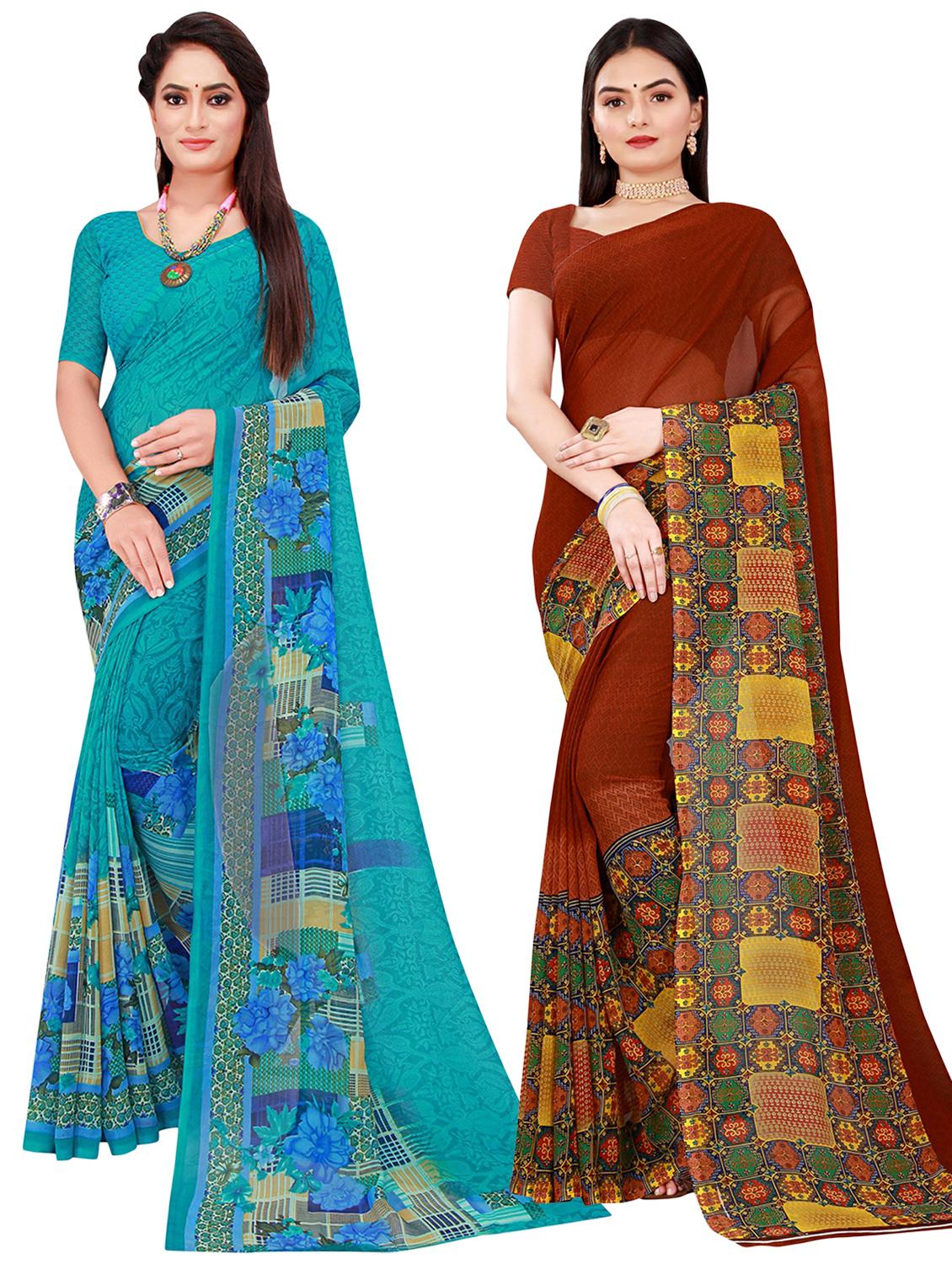 women's printed blue colored saree with blouse