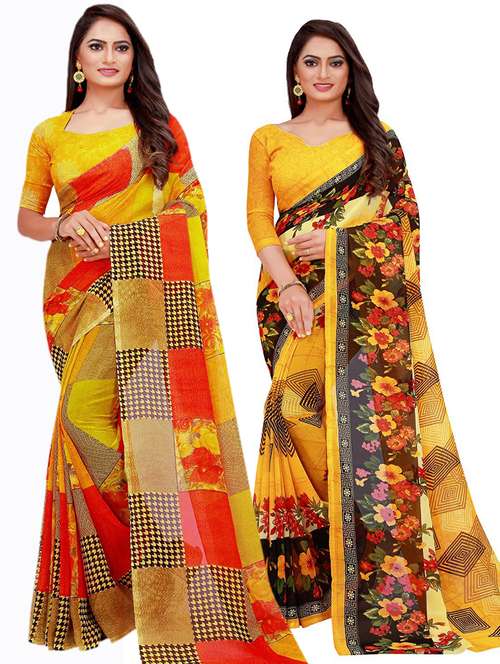 pack of 2 printed saree with blouse - 20209987 - Standard Image - 0