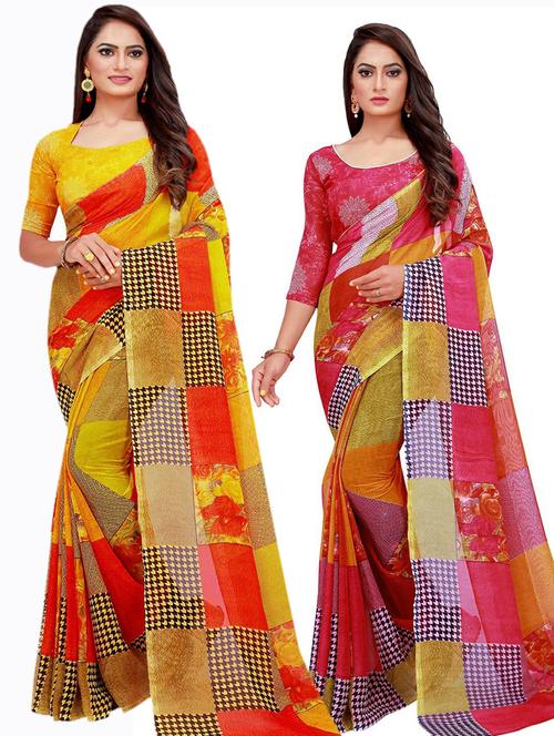 pack of 2 printed saree with blouse - 20209992 - Standard Image - 0