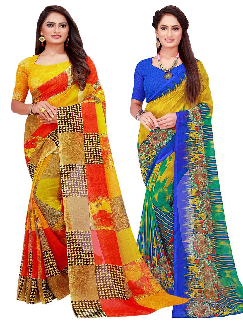 pack of 2 printed sarees with blouse - 20210016 -  Zoom Image - 0