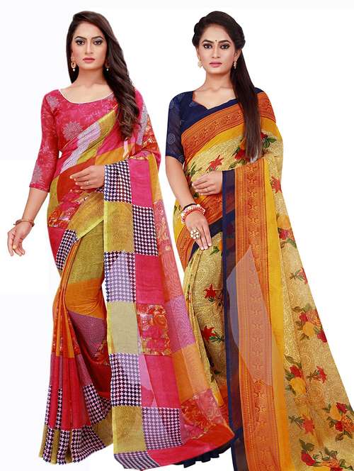 pack of 2 printed saree with blouse - 20210170 - Standard Image - 0
