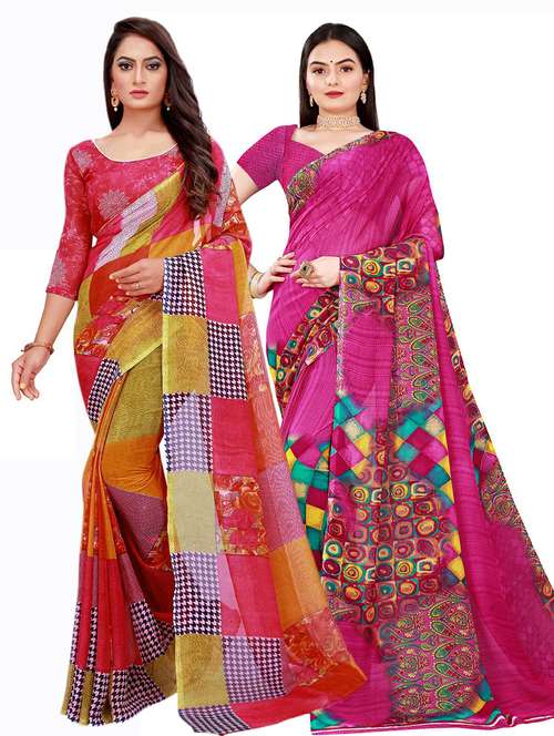 pack of 2 printed saree with blouse - 20210180 - Standard Image - 0