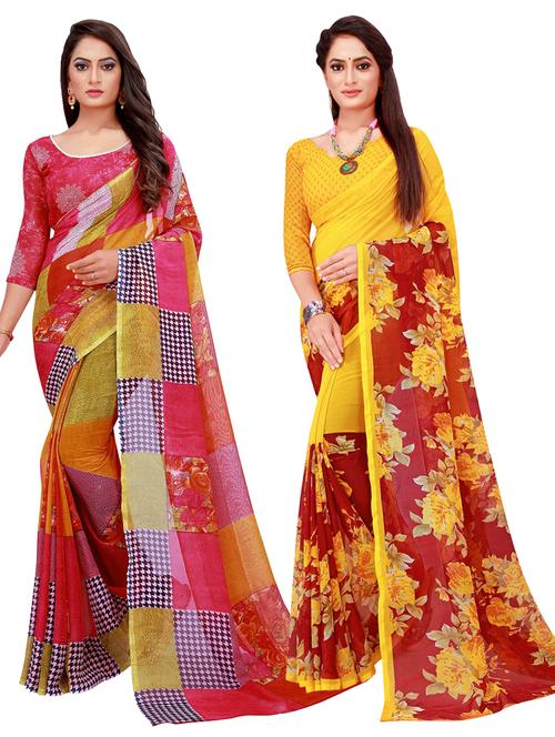 pack of 2 printed sarees with blouse - 20210440 - Standard Image - 0