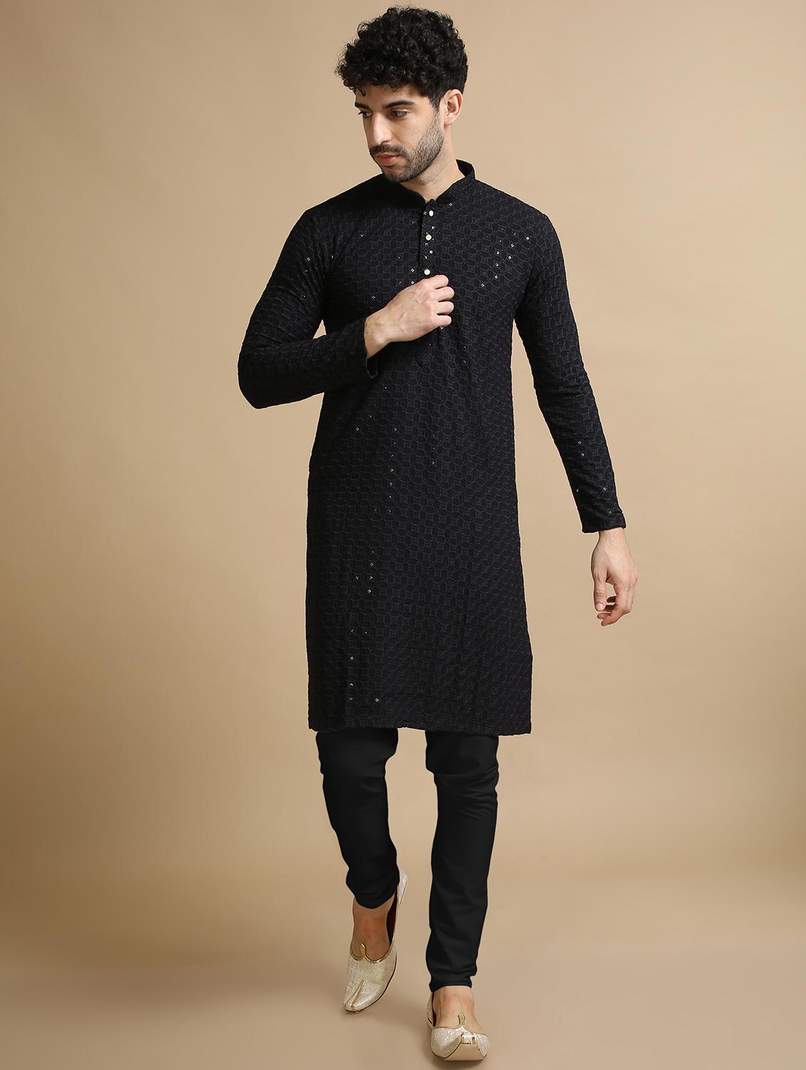 black rayon kurta pyjama ethnic wear set - 20211270 - Zoom Image - 0