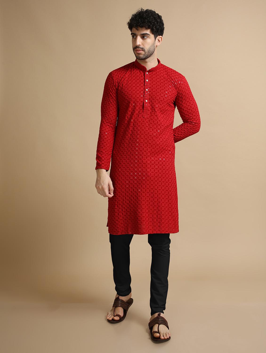 red rayon kurta pyjama ethnic wear set - 20211273 - Zoom Image - 0