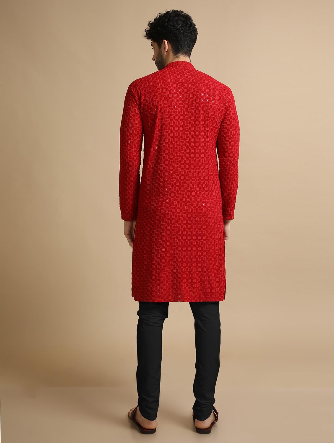 red rayon kurta pyjama ethnic wear set - 20211273 - Standard Image - 3