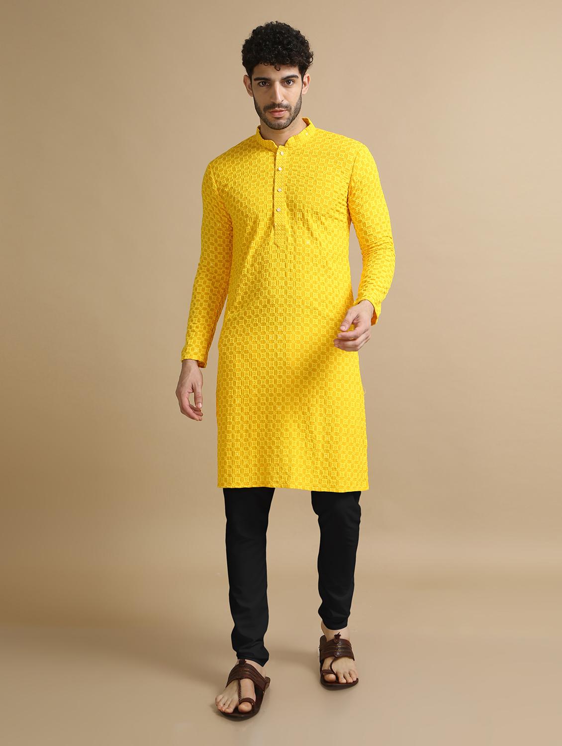 yellow rayon kurta pyjama ethnic wear set - 20211274 - Zoom Image - 0