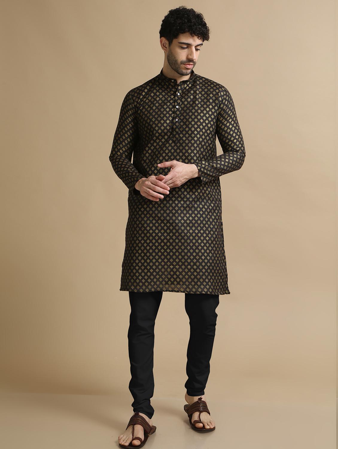 black cotton kurta pyjama ethnic wear set - 20211275 - Zoom Image - 0